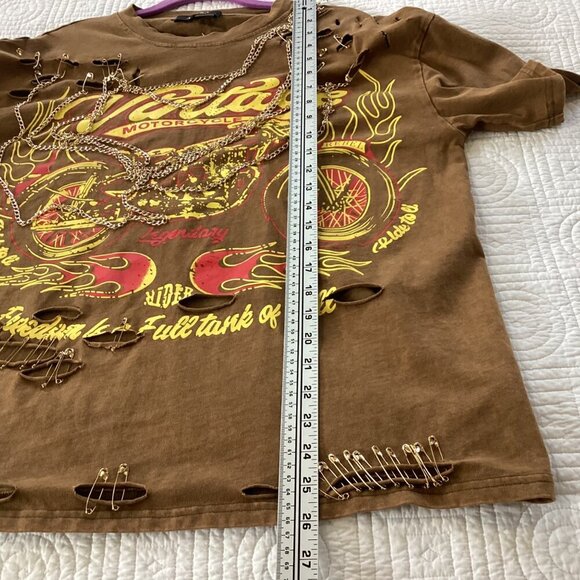 AKIRA Freedom Oversized Tee Size L Motorcycle Distressed Brown T-Shirt W/Chains - Picture 12 of 13